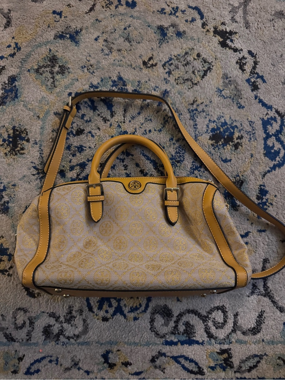 Tory Burch Yellow & Cream Logo-Print Shoulder Satchel
